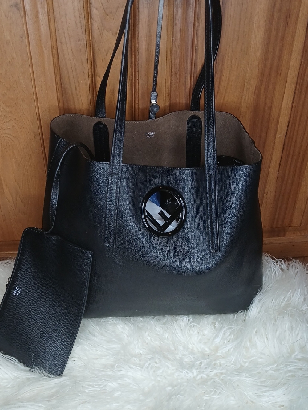 Fendi Black Leather Shopping Tote with Circular Logo Detail